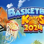 En basketball nærmer seg en kurv, med palmetrær og blå himmel i bakgrunnen, og teksten Basketball Kings 2024 vises