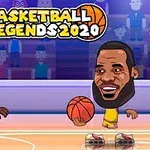 To tegneseriefigurer med store hoder spiller basketball på en bane med tilskuere i bakgrunnen og teksten Basketball Legends 2020 øverst