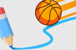 En oransje basketball svever over en blå strek tegnet av en fargeblyant