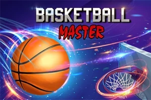 En illustrasjon med en basketball, en lysende kurv, og fargerike lysstriper mot en blå bakgrunn