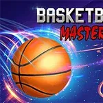 En illustrasjon med en basketball, en lysende kurv, og fargerike lysstriper mot en blå bakgrunn