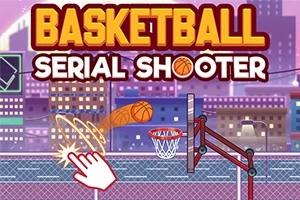 Basketballer blir kastet mot en kurv med et bilde av en trykkende hånd og teksten Basketball Serial Shooter over en bybakgrunn
