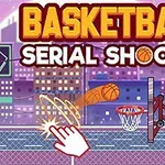 Basketballer blir kastet mot en kurv med et bilde av en trykkende hånd og teksten Basketball Serial Shooter over en bybakgrunn
