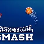 Basketballkurv med en basketball i bevegelse og teksten Basketball Smash på en blå bakgrunn