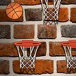 En bakgrunn av murstein med tre basketballkurver og en basketball i luften