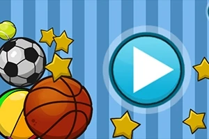 Fotball, basketball, flere stjerner og en stor blå play-knapp mot en stripete bakgrunn
