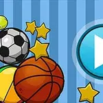 Fotball, basketball, flere stjerner og en stor blå play-knapp mot en stripete bakgrunn