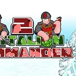 To soldater iført hjelmer står med våpen over teksten Battalion Commander 2 med snøbelagte trær i bakgrunnen