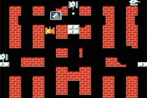 Battle City Rutenettmønster med røde murstein, hvite blokker, svarte veier, og små ikoner inkludert en stridsvogn og en ørn