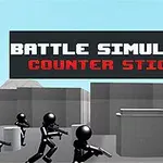Tegneserieaktige strekfigurer som deltar i en kamp foran en bakgrunn av grå blokker med teksten Battle Simulator: Counter Stickman øverst