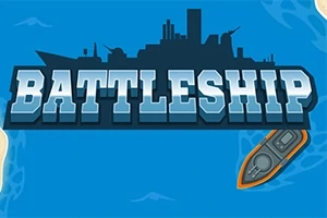 Teksten BATTLESHIP foran en silhuett av et krigsskip mot en blå bakgrunn, med en illustrasjon av et mindre skip nederst til høyre