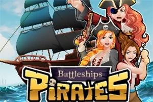 Tre kvinnelige pirater med forskjellige uttrykk står foran et seilskip på havet, med en logo som sier Battleships Pirates nederst