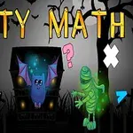 Mørk bakgrunn med ordet BATTY MATH, en blå flaggermus, grønne mumier, og matematiske symboler