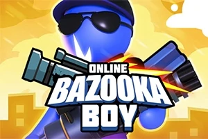 Blå figur med solbriller og bazooka mot en bysilhuett i bakgrunnen, over teksten Online Bazooka Boy