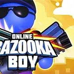 Blå figur med solbriller og bazooka mot en bysilhuett i bakgrunnen, over teksten Online Bazooka Boy