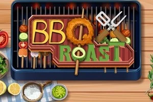 BBQ-grill med skiver av grønnsaker, kjøtt og tekst arrangert på grillspyd, sammen med grillutstyr