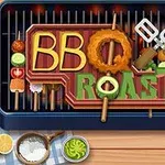 BBQ-grill med skiver av grønnsaker, kjøtt og tekst arrangert på grillspyd, sammen med grillutstyr