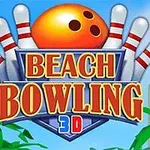 Logo med oransje bowlingkule foran hvite bowlingkjegler, omgitt av palmer, med teksten Beach Bowling 3D