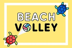 To skilpadder i ulike farger og teksten Beach Volley på en gul bakgrunn