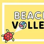 To skilpadder i ulike farger og teksten Beach Volley på en gul bakgrunn