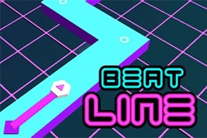 Lys blå sti med lilla kanter på et rutenett med teksten Beat Line i neonfarger