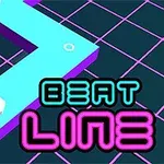 Lys blå sti med lilla kanter på et rutenett med teksten Beat Line i neonfarger