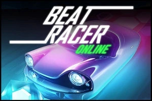 Futuristisk bil med lysende frontlykter på en mørk bakgrunn med teksten Beat Racer Online i hvitt og grønt