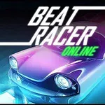 Futuristisk bil med lysende frontlykter på en mørk bakgrunn med teksten Beat Racer Online i hvitt og grønt