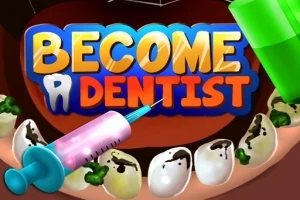 Tegneserieillustrasjon av tenner med hull og tannlegeutstyr, inkludert sprøyte og tannbørste, med teksten Become a Dentist