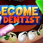 Tegneserieillustrasjon av tenner med hull og tannlegeutstyr, inkludert sprøyte og tannbørste, med teksten Become a Dentist