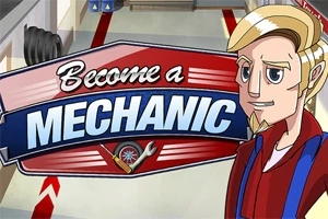 Tegnet mann med blondt hår ved siden av et stort skilt som sier Become a Mechanic i et verkstedmiljø