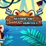 En tegneserieaktig rød panda som holder en tannbørste i munnen foran en skogsbakgrunn, med teksten Become an Animal Dentist på et treskilt