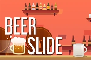 Et illustrert bilde av en bar med ølglass, flasker i hyller og teksten Beer Slide på en oransje bakgrunn