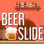 Et illustrert bilde av en bar med ølglass, flasker i hyller og teksten Beer Slide på en oransje bakgrunn
