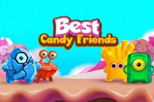Fargerike, animerte figurer med store øyne står på en rosa plattform under en blå himmel, med teksten Best Candy Friends over