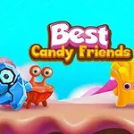 Fargerike, animerte figurer med store øyne står på en rosa plattform under en blå himmel, med teksten Best Candy Friends over