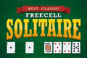 Grønn bakgrunn med teksten Best Classic FreeCell Solitaire i gult og hvitt, samt et par spillkort nederst