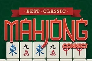 Teksten Best Classic Mahjong Connect vises over symbolbrikker med kinesiske tegn på en grønn bakgrunn