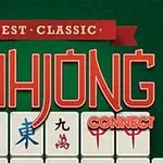 Teksten Best Classic Mahjong Connect vises over symbolbrikker med kinesiske tegn på en grønn bakgrunn