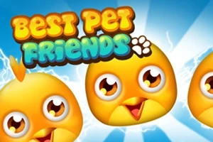 Tre glade, gule fugleanimasjoner med store øyne mot en blå bakgrunn, med teksten Best Pet Friends øverst