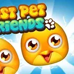 Tre glade, gule fugleanimasjoner med store øyne mot en blå bakgrunn, med teksten Best Pet Friends øverst