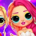To an animerte figurer med store øyne, langt hår i lyse farger, og fargerike klær mot en lilla bakgrunn
