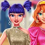 To an animerte jenter i fargerike og glitrende antrekk står side om side med smilende ansikter, iført smykker og stylige frisyrer