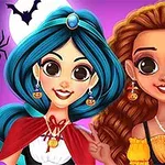 To animasjonsfigurer med Halloween-kostymer smiler foran en lilla bakgrunn med edderkopper og flaggermus