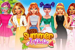 En gruppe fargerikt kledde animerte jenter står sammen foran en sommerlig bakgrunn med teksten BFFs Summer Aesthetic