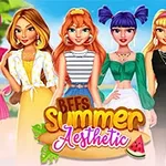 En gruppe fargerikt kledde animerte jenter står sammen foran en sommerlig bakgrunn med teksten BFFs Summer Aesthetic