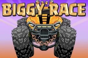 Et monstertruck med store dekk og et robust gitter foran, med teksten Biggy Race øverst mot en farget bakgrunn