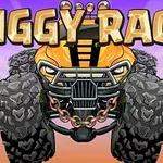 Et monstertruck med store dekk og et robust gitter foran, med teksten Biggy Race øverst mot en farget bakgrunn
