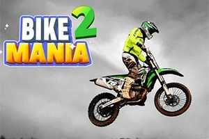 En motocrosskjører i grønn drakt hopper i luften med motorsykkelen sin mot en grå bakgrunn, med teksten BIKE MANIA 2 i øvre venstre hjørne