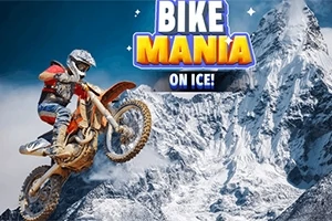 En motorsyklist i action på en snødekket fjellbakgrunn med teksten Bike Mania on Ice på toppen